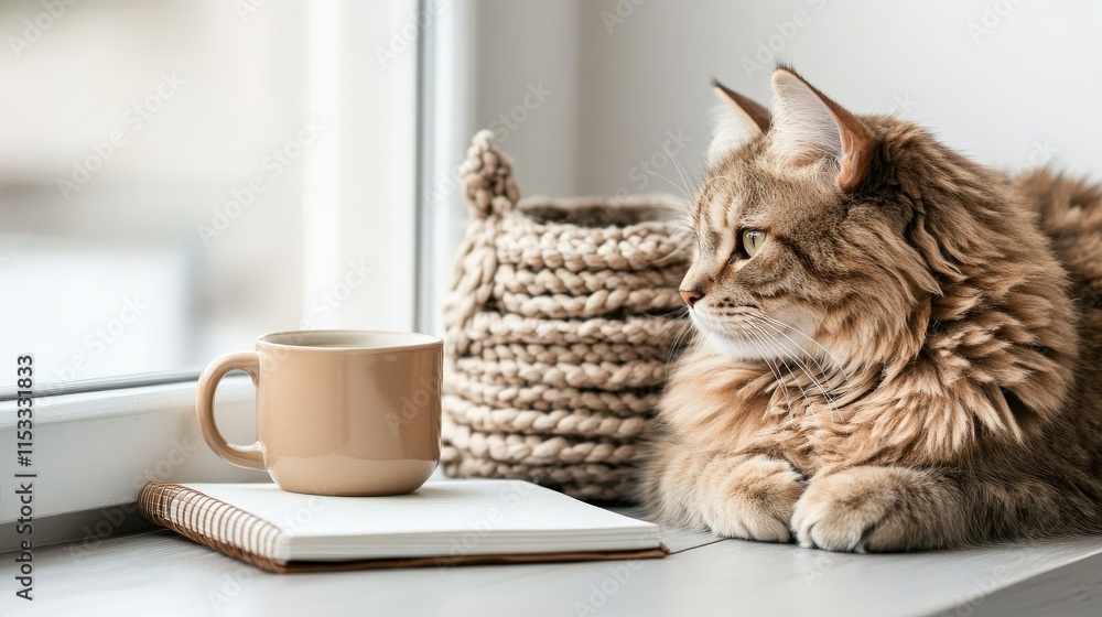 A cozy cat gazes out the window beside a mug and an open notebook, creating a serene atmosphere perfect for relaxation. A cozy cat gazes out the window beside a mug and an open notebook, creating a serene atmosphere perfect for relaxation.
