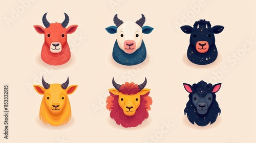 Wallpaper Mural A colorful illustration of six animal heads, including a cow, goat, sheep, and bull, showcasing a playful and artistic design. Torontodigital.ca