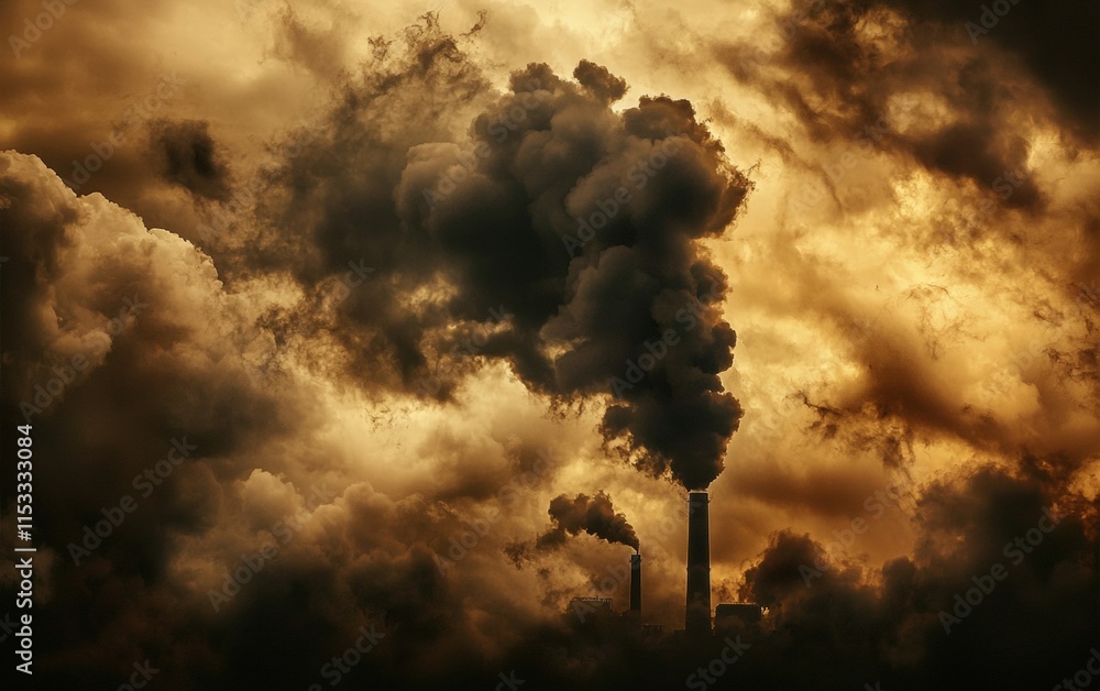 Obraz premium A factory emitting thick, dark smoke into the sky, symbolizing industrial pollution and its impact on the environment
