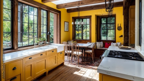 Wallpaper Mural A yellow kitchen with a white countertop, warm wood accents, and a cozy dining nook in the corner. Torontodigital.ca