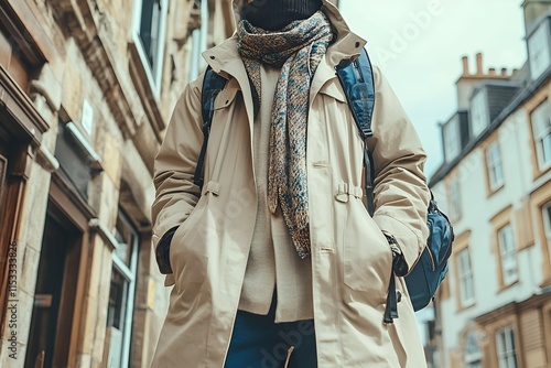 Street style outfit featuring a beige trench coat, blue jeans, and a patterned scarf in a city environment photo