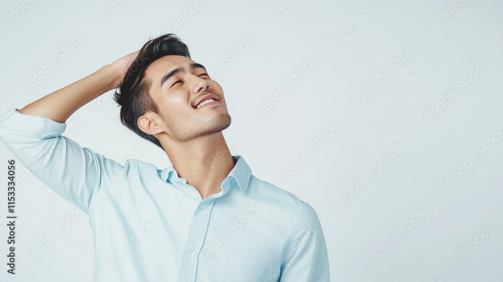 Smiling man in light blue shirt with hand in hair against white background Smiling man in light blue shirt with hand in hair against white background