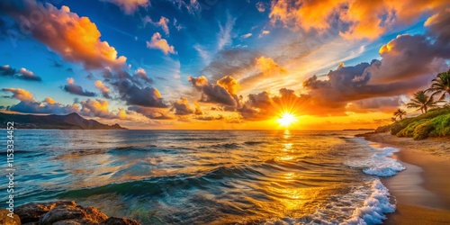 Serene Farewell: East Coast Oahu Sunset, Hawaii - Copy Space for Text