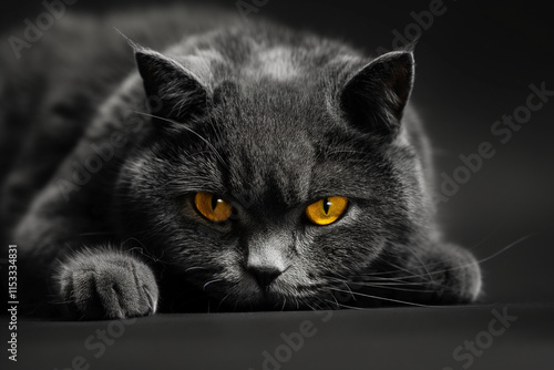 Portrait of a beautiful British Shorthair cat with bright orange eyes on black background. Generative AI
