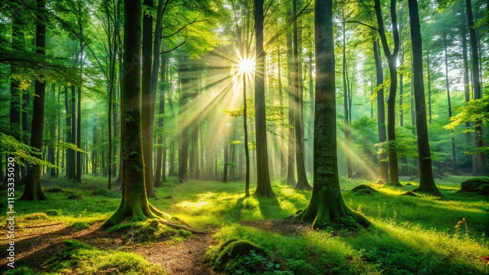 Naklejka premium Serene Green Forest Morning: Lush Sunlight Through Trees, Copy Space Left