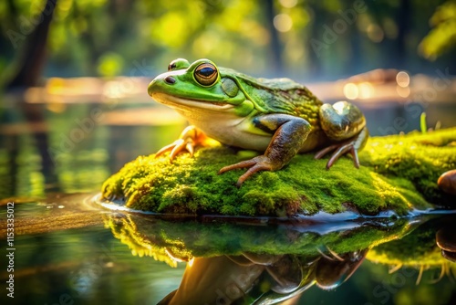 Serene Green Frog on Pond Log: Nature Stock Photo photo