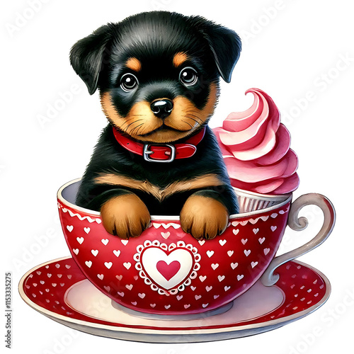 puppy in teacup with hearts and dessert clip art preview