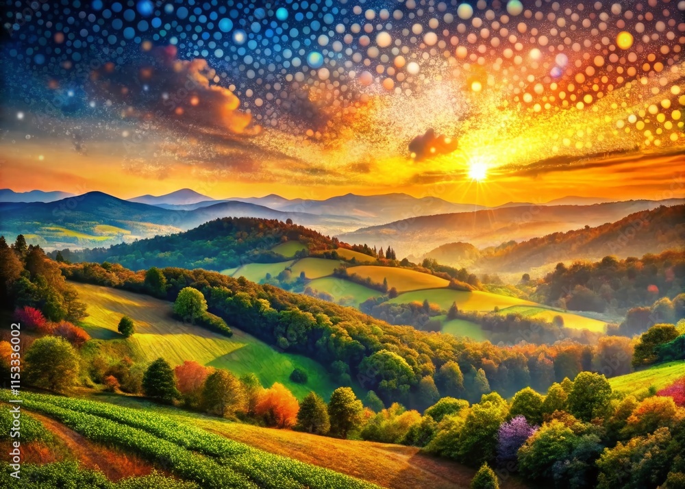 Fototapeta premium Serene Landscape, Pointillist Style, Dotted Painting, Nature Scene, Artistic Vista