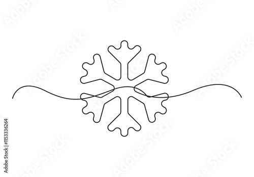 Snowflake continuous single line drawing in silhouette linear shape Christmas and winter concept vector illustration