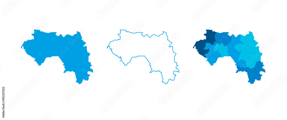 Guinea set of three maps - solid map, outline map and map highlighting administrative divisions. Three distinct maps illustrate various representations of a geographical area. Guinea set of three maps - solid map, outline map and map highlighting administrative divisions. Three distinct maps illustrate various representations of a geographical area.