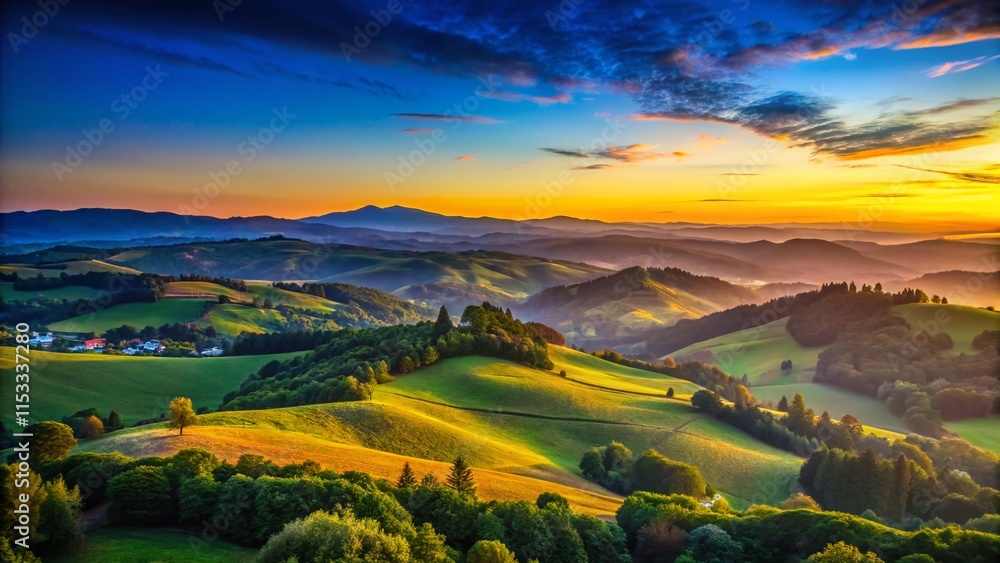 Naklejka premium Serene Mountain Panorama: Breathtaking Low-Light Landscape Photography