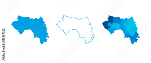 Guinea set of three maps - solid map, outline map and map highlighting administrative divisions. Three distinct maps illustrate various representations of a geographical area.