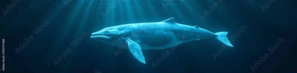 Fototapeta premium Lonely translucent whale floats in dark ocean depths, solitude, sea creature