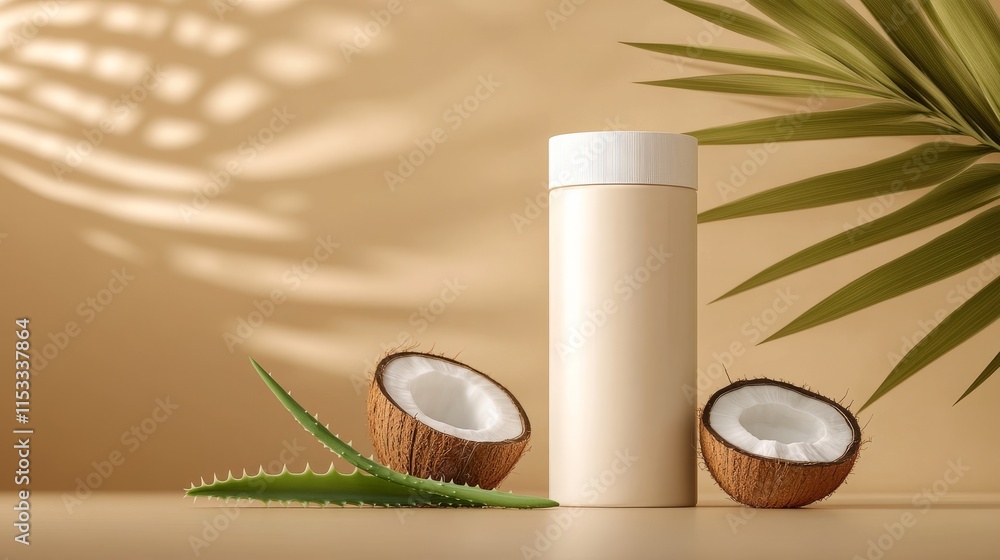 A beauty product bottle in a minimalist setup featuring coconut halves and aloe leaves. The tropical background and soft, natural lighting emphasize an eco-conscious, refreshing skincare aesthetic A beauty product bottle in a minimalist setup featuring coconut halves and aloe leaves. The tropical background and soft, natural lighting emphasize an eco-conscious, refreshing skincare aesthetic