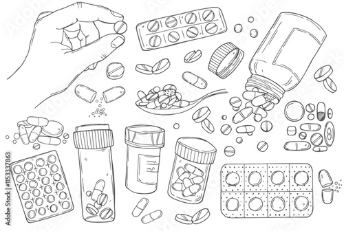 Sketch pills set. Capsules, pills and tablets in blister packs. Hand drawn medical illustration.