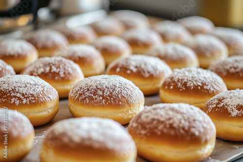 Traditional Krapfen, Berliner, Paczki, and Sufganiyah in a Modern Bakery Factory – Festive Pastries for Carnival, Fasching, and Shrove Tuesday Celebrations photo