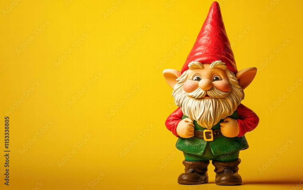 A playful gnome with a red and green outfit, standing on a vibrant yellow background A playful gnome with a red and green outfit, standing on a vibrant yellow background