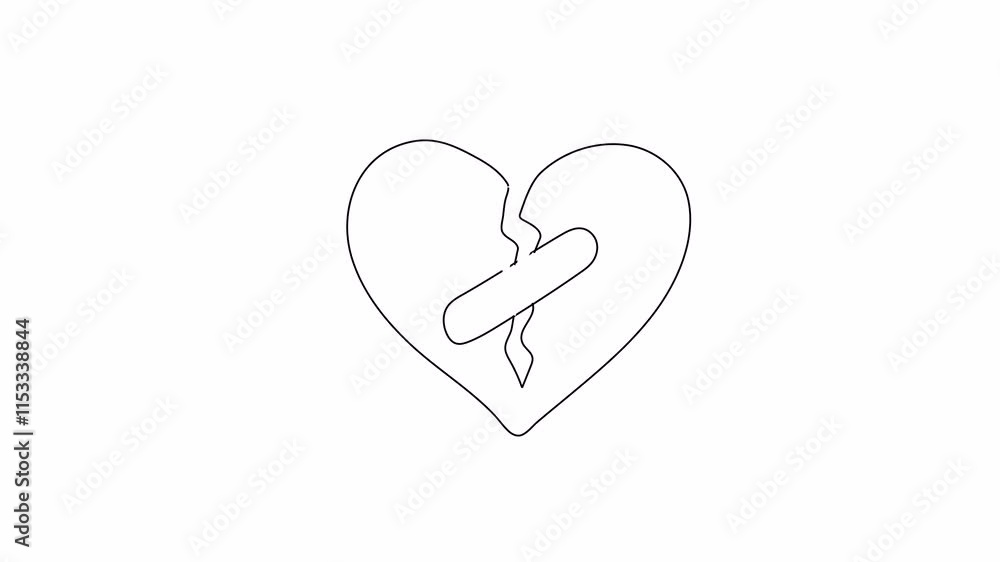 One line drawing of broken heart symbol. Video flat cartoon animation design element. Alpha channel transparency One line drawing of broken heart symbol. Video flat cartoon animation design element. Alpha channel transparency