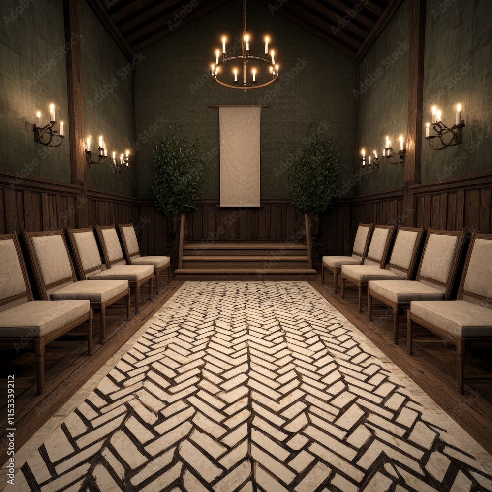 Fototapeta premium Medieval Hall Ceremony Room Antique Chairs Wooden Floor Dark Interior Historic Settin