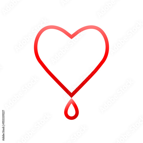 Heart shape with one single droplet in line art and red color as blood donation or related health care concept