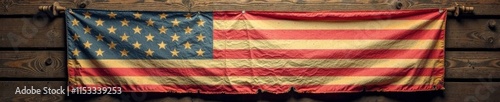 Tattered American banner hangs from wooden beam, faded, frayed photo