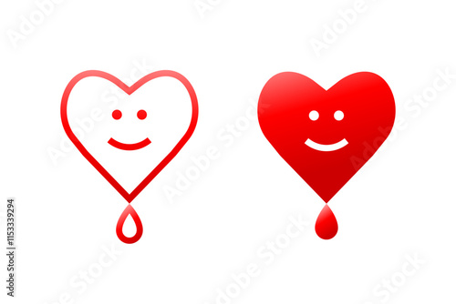 Heart with smile and drop of blood concept. Smiling heart shape and droplet in red color as blood donation or related health care and medical concept.