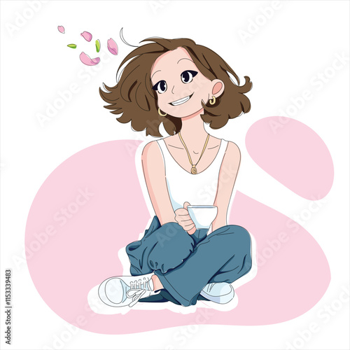 Vector Illustration of a Happy Girl Sitting with a Cup in Anime Style on Transparent Background. Image Cartoon Style