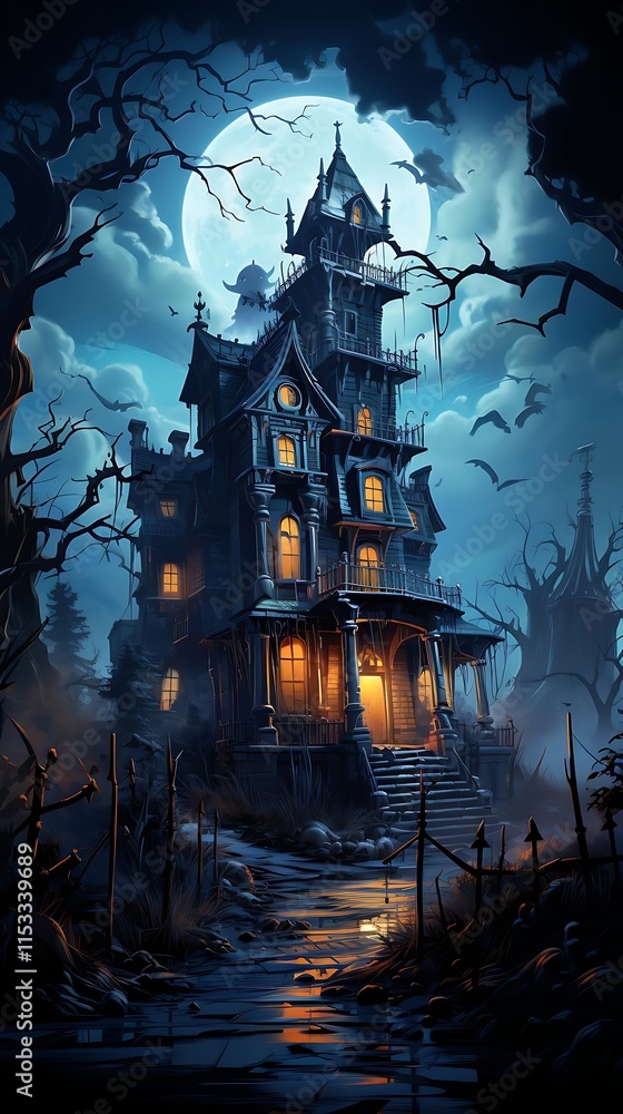 Spooky haunted house at night under full moon, surrounded by gnarled trees and a graveyard. Spooky haunted house at night under full moon, surrounded by gnarled trees and a graveyard.