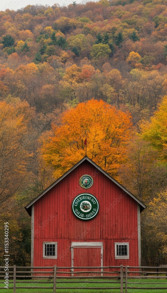 A vibrant red barn surrounded by colorful autumn foliage. A vibrant red barn surrounded by colorful autumn foliage.
