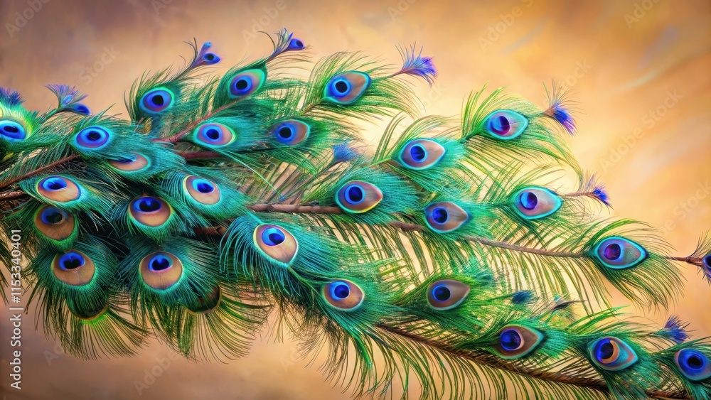 Obraz premium Vibrant blue peacock feathers on a branch, with intricate patterns and hues of green and purple