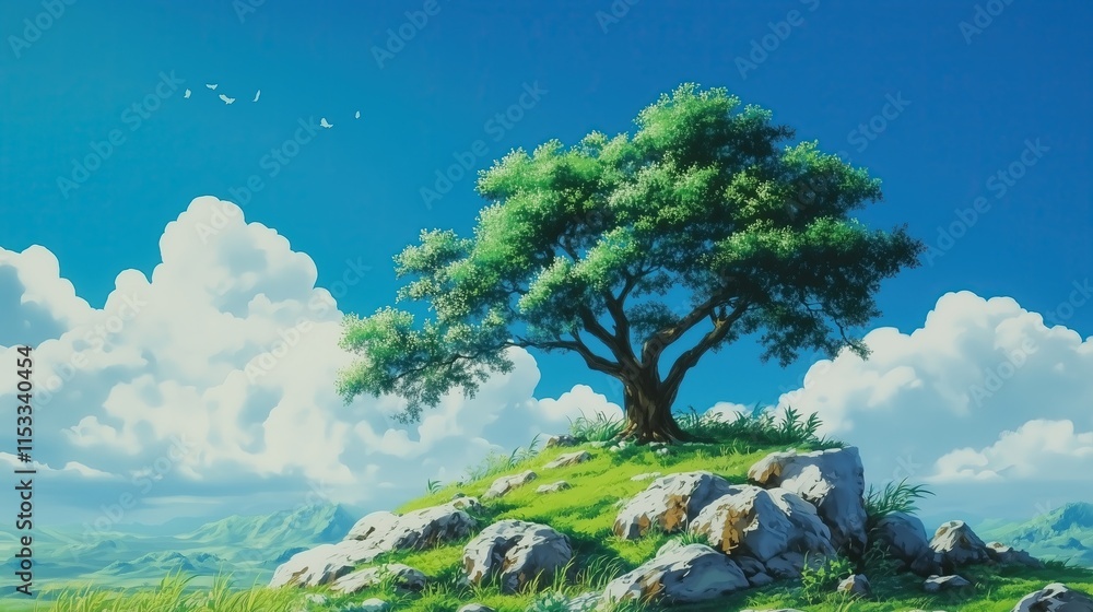 Obraz premium Anime Background. Colorful Sky, Blue Clouds, Scenic Illustration, Spring Nature, Artistic Cartoon Style, Beautiful Vector Design, Landscape Poster Art.