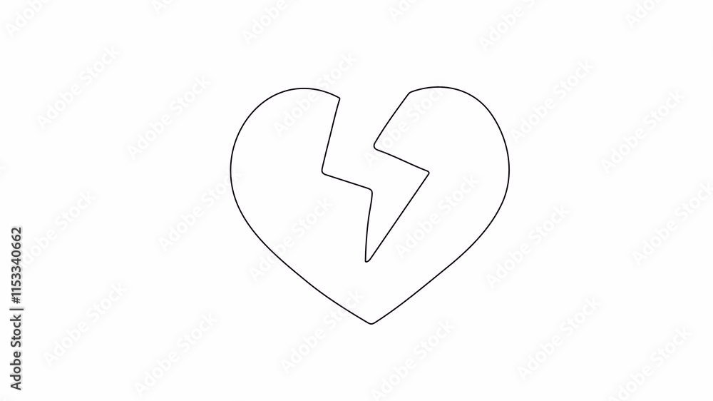 One line drawing of broken heart symbol. Video flat cartoon animation design element. Alpha channel transparency One line drawing of broken heart symbol. Video flat cartoon animation design element. Alpha channel transparency