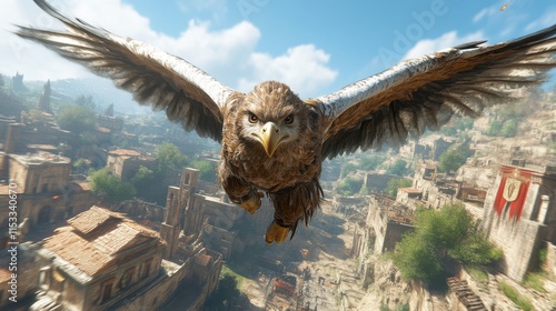 Eagle in flight over ancient city.
