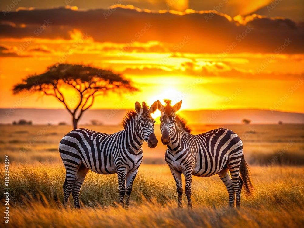 Fototapeta premium Serengeti Sunset: Zebra Embrace on African Savanna