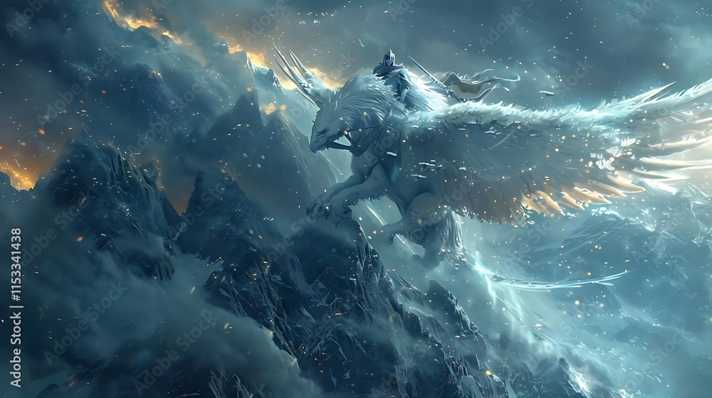 Fototapeta premium A knight rides a majestic winged white lion atop snow-covered mountains during a blizzard, fiery embers in the air.