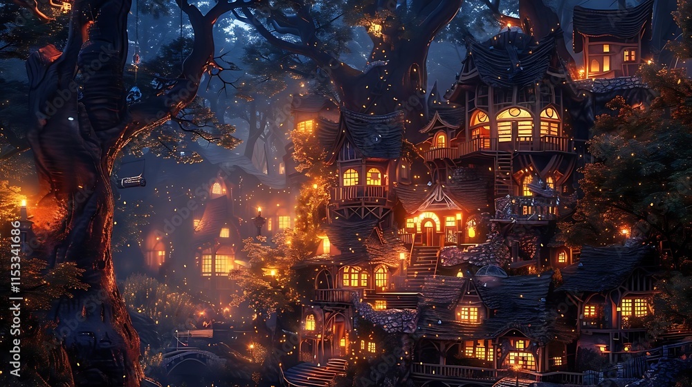 Obraz premium Enchanting night scene of a whimsical village nestled within a glowing forest, illuminated by warm lights.