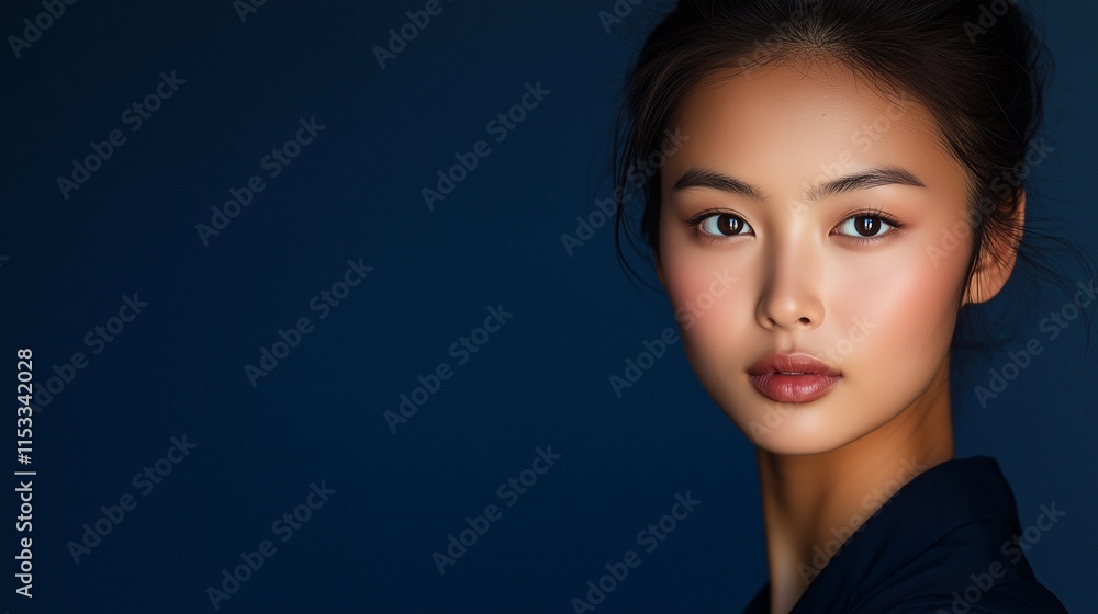 Fototapeta premium Elegant woman with natural makeup against deep blue background