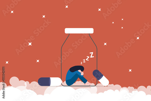 Sleeping girl in the pill bottles. concept of pills, good sleep, Insomnia, exhausted and frustrated