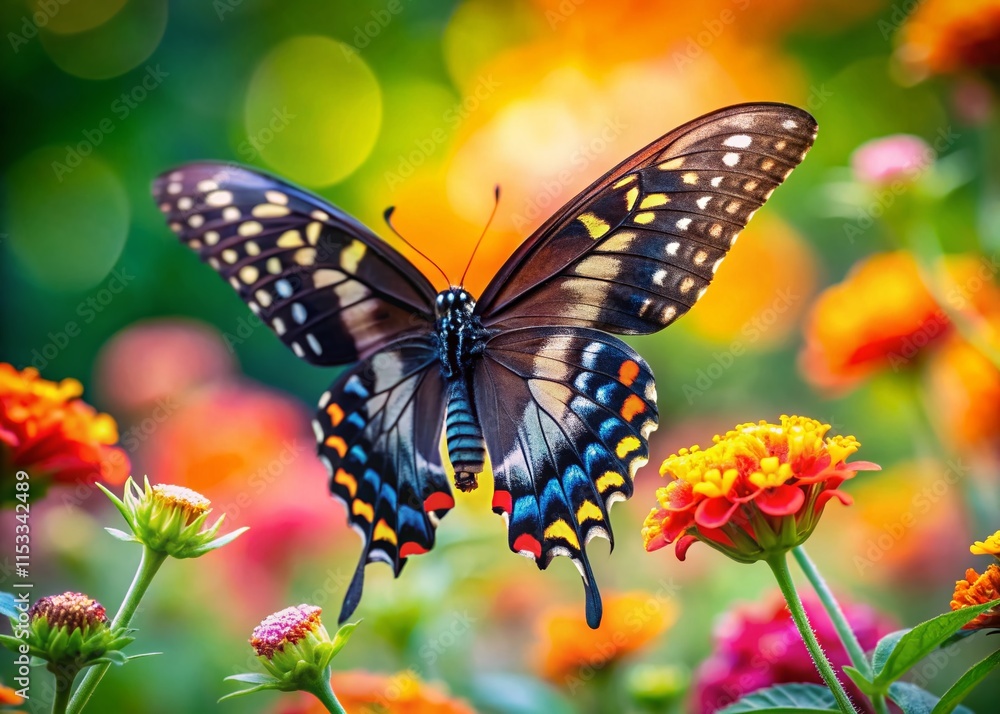 Naklejka premium Side Close-up of Black Eastern Tiger Swallowtail Butterfly on Garden Flower