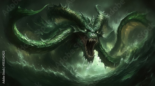 Green serpentine sea monster emerging from dark ocean waves, roaring.