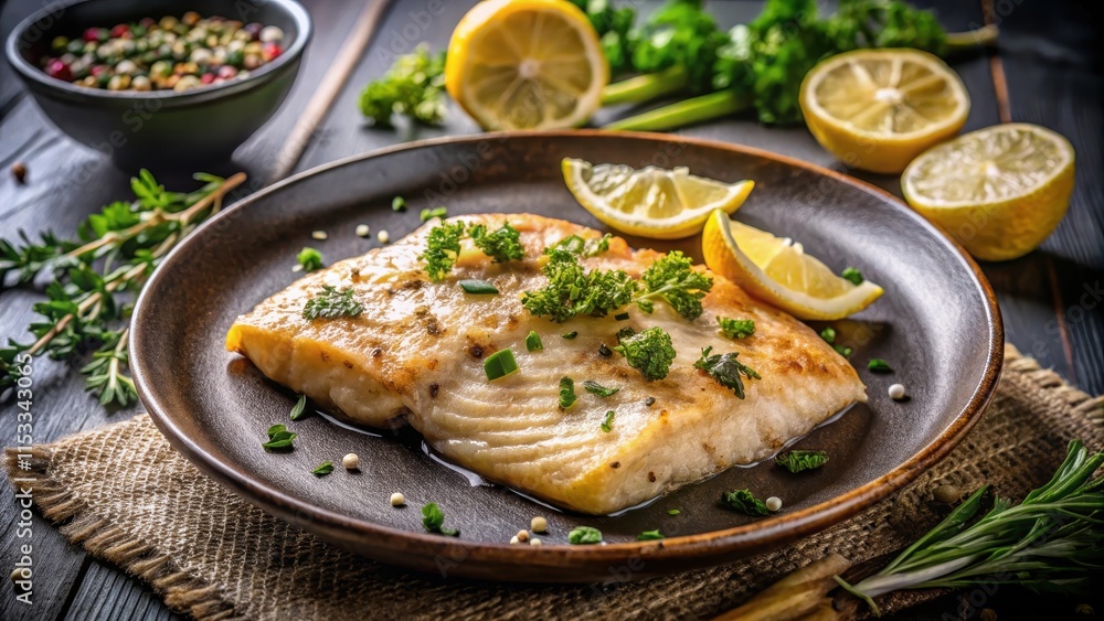 Pan-seared fish fillet on a plate with lemon and herbs, fish, plate, fish, plate, kitchen Pan-seared fish fillet on a plate with lemon and herbs, fish, plate, fish, plate, kitchen