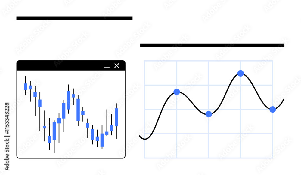 Candlestick graph and line chart with data points in blue on grid backdrop. Ideal for financial presentations, investment strategies, data analysis, stock market insights, trading education Candlestick graph and line chart with data points in blue on grid backdrop. Ideal for financial presentations, investment strategies, data analysis, stock market insights, trading education