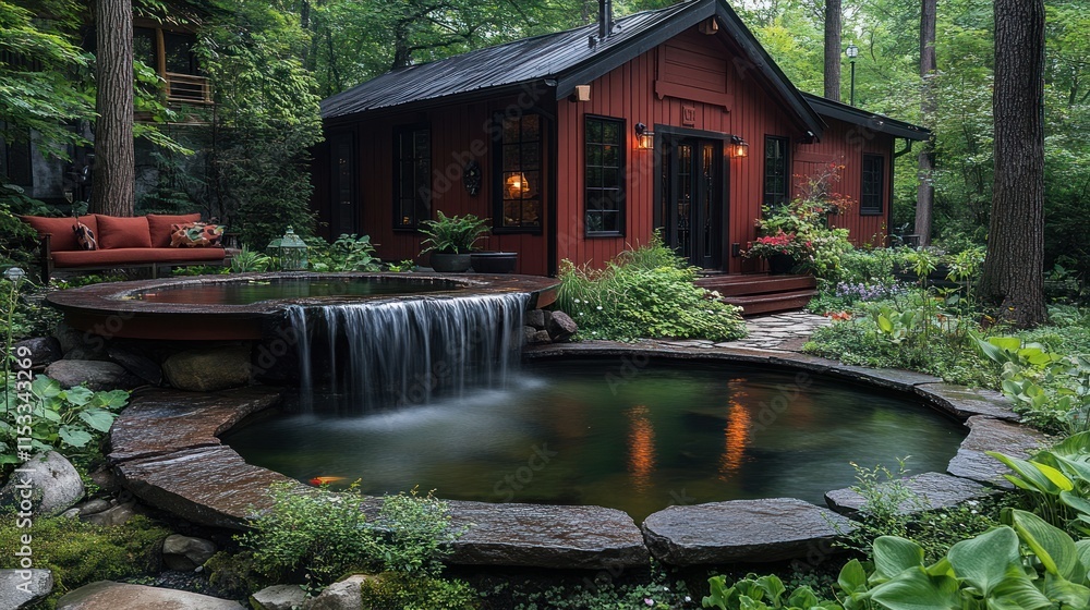 A serene garden scene featuring a cozy red cabin, a circular pond, and a gentle waterfall. A serene garden scene featuring a cozy red cabin, a circular pond, and a gentle waterfall.