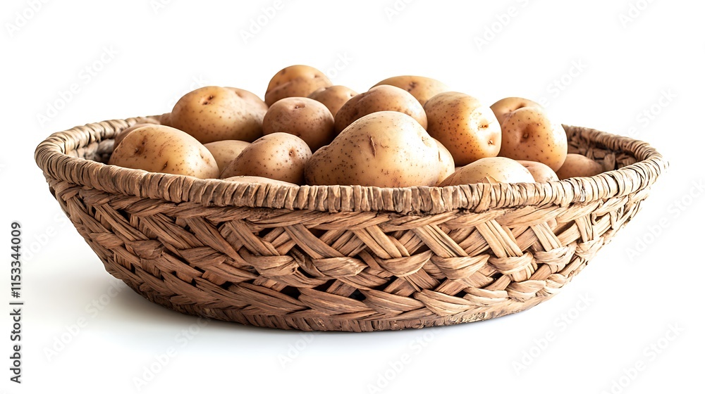 A woven basket filled with fresh potatoes is isolated on a white background A woven basket filled with fresh potatoes is isolated on a white background