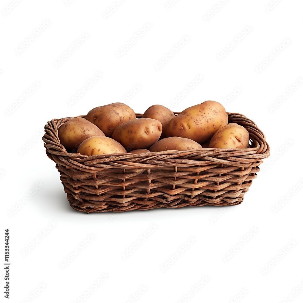 A woven basket filled with fresh potatoes is isolated on a white background A woven basket filled with fresh potatoes is isolated on a white background