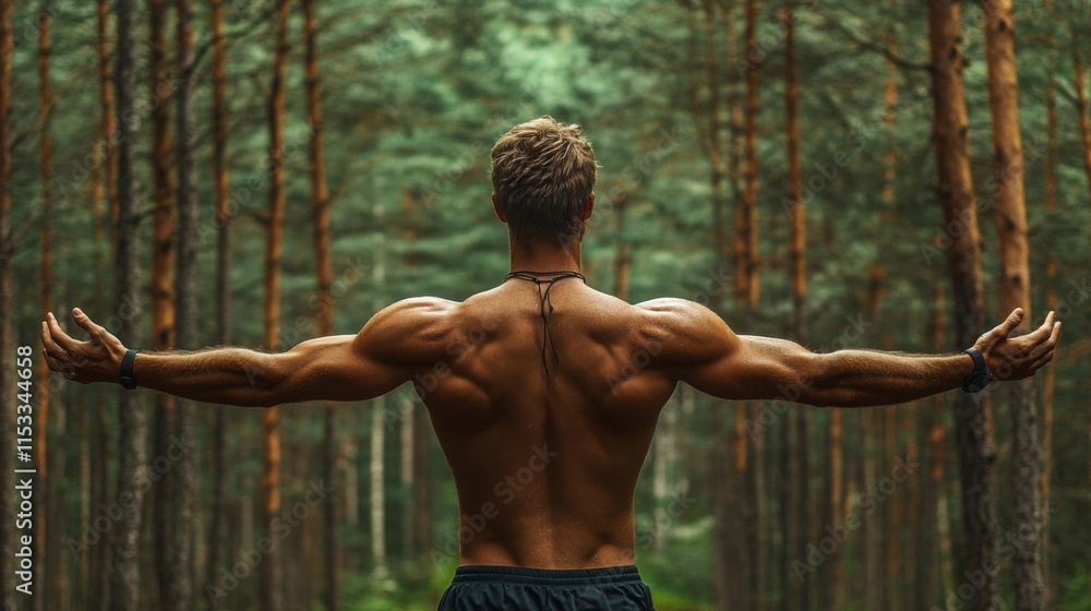 Muscular Man Poses in a Forest Showing His Back Muscular Man Poses in a Forest Showing His Back