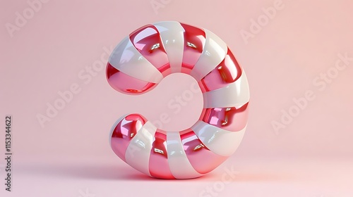 Shiny red and white candy cane shaped letter C on pink background.