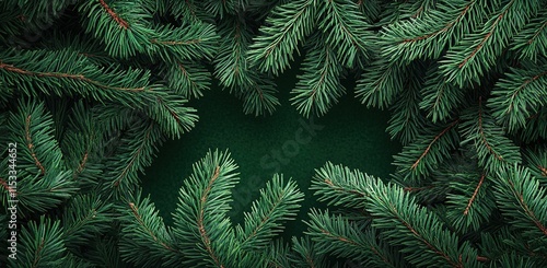 Green pine tree branches against a dark green background, detailed and high resolution.