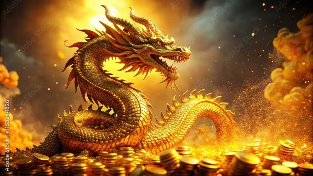 Fototapeta premium Majestic golden dragon coiled around a mountain of glittering gold coins with intricate scales and fiery breath, golden dragon, treasure hoard