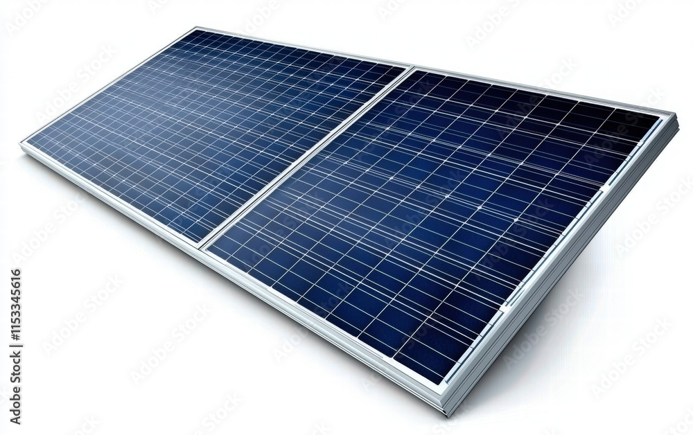 A standard solar panel with dark blue photovoltaic cells and a clean metallic frame, isolated on a bright white background A standard solar panel with dark blue photovoltaic cells and a clean metallic frame, isolated on a bright white background